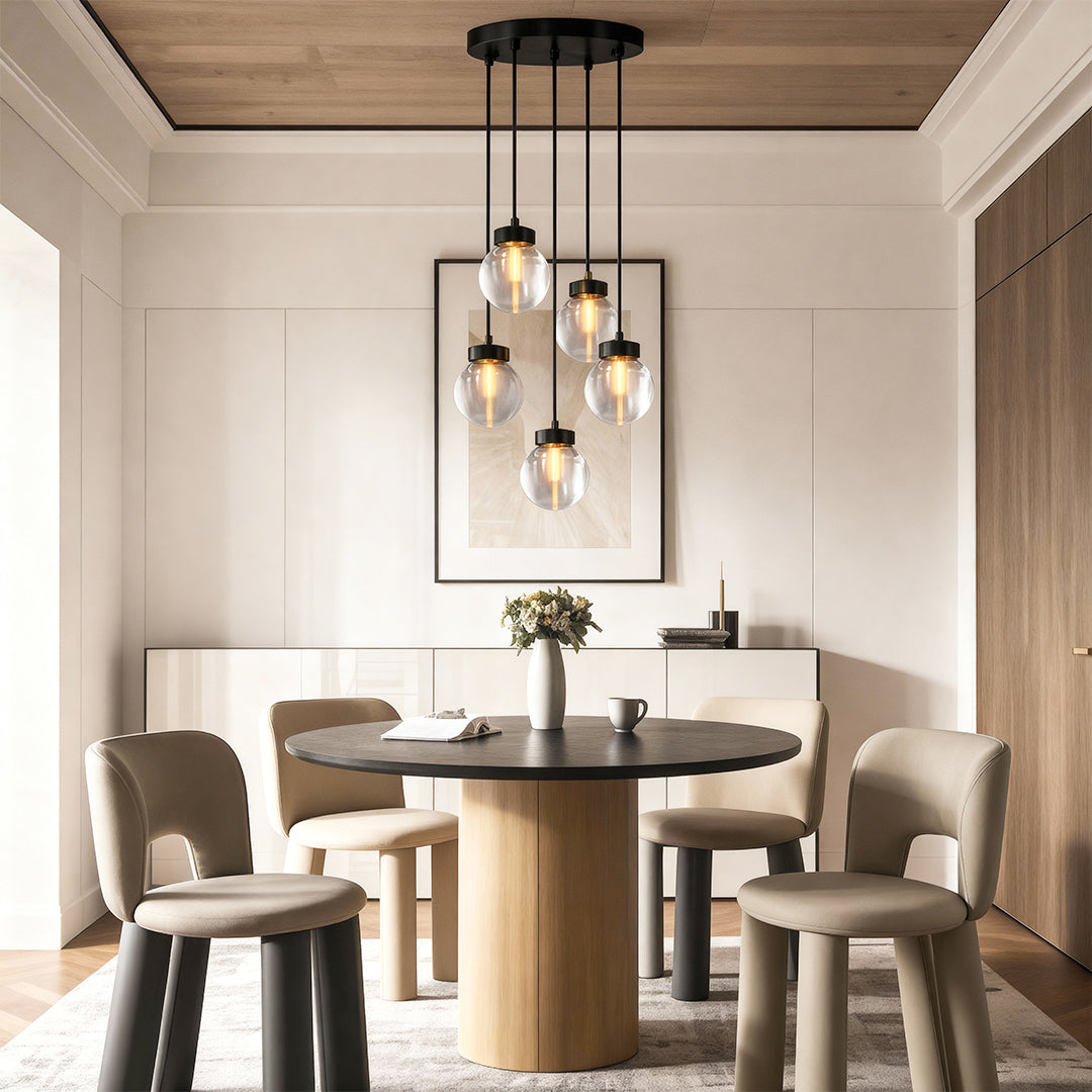 Glass semi flush mount lighting illuminating contemporary dining room with wooden table and chairs