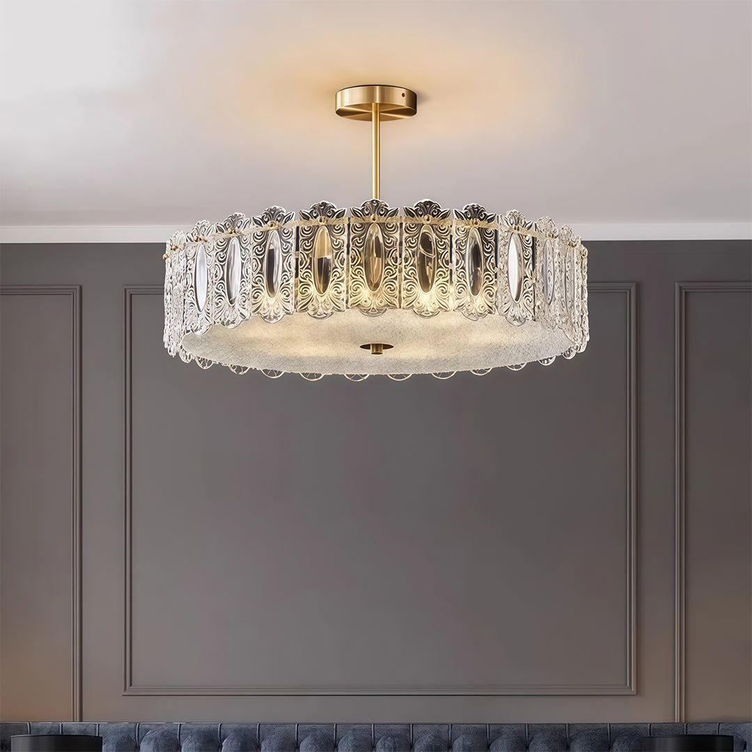 Modern luxury chandeliers inspired glass semi flush mount lighting in contemporary space with grey tufted bench
