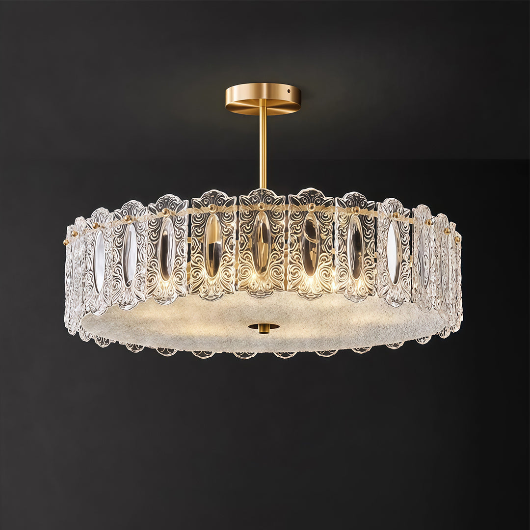 Modern luxury chandeliers style glass semi flush mount lighting against dramatic black backdrop