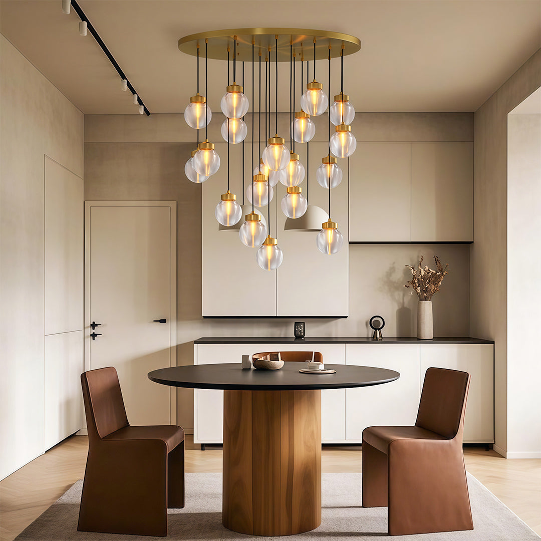 Glass semi flush mount lighting enhancing elegant dining area with round table and brown chairs