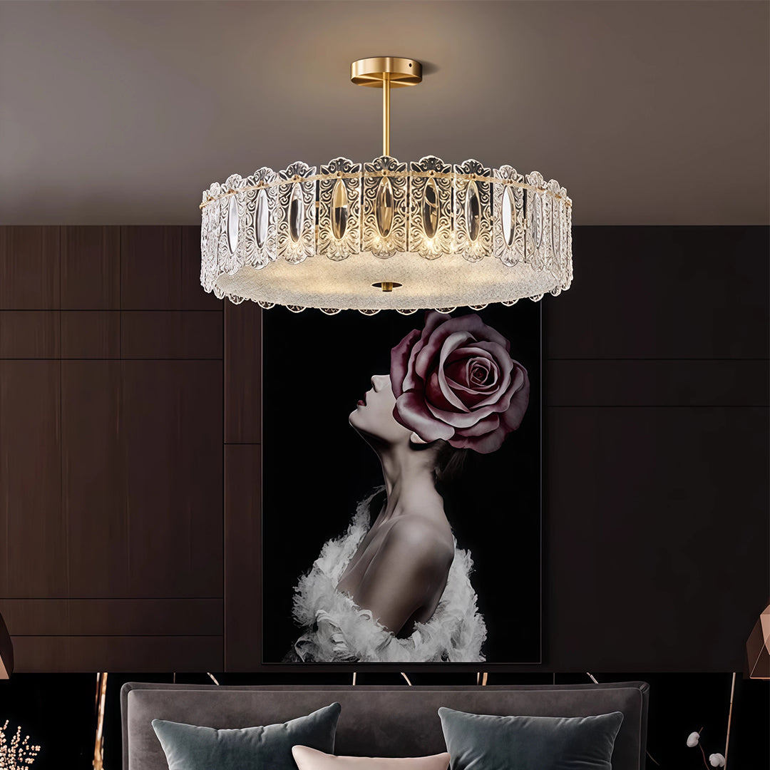 Glass semi flush mount lighting illuminating luxurious dining room with dark walls and modern sculpture