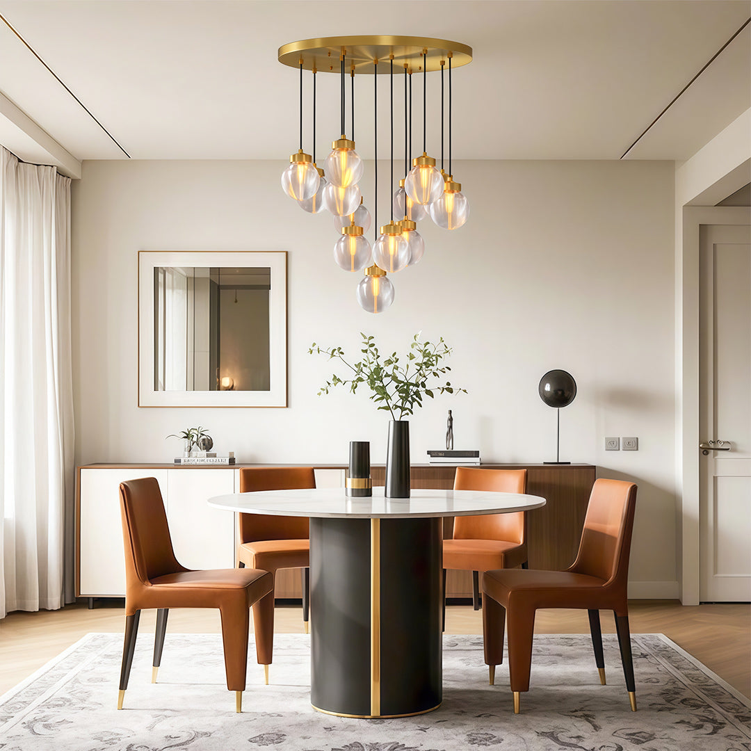 Glass semi flush mount lighting creating focal point in minimalist dining room with modern furniture