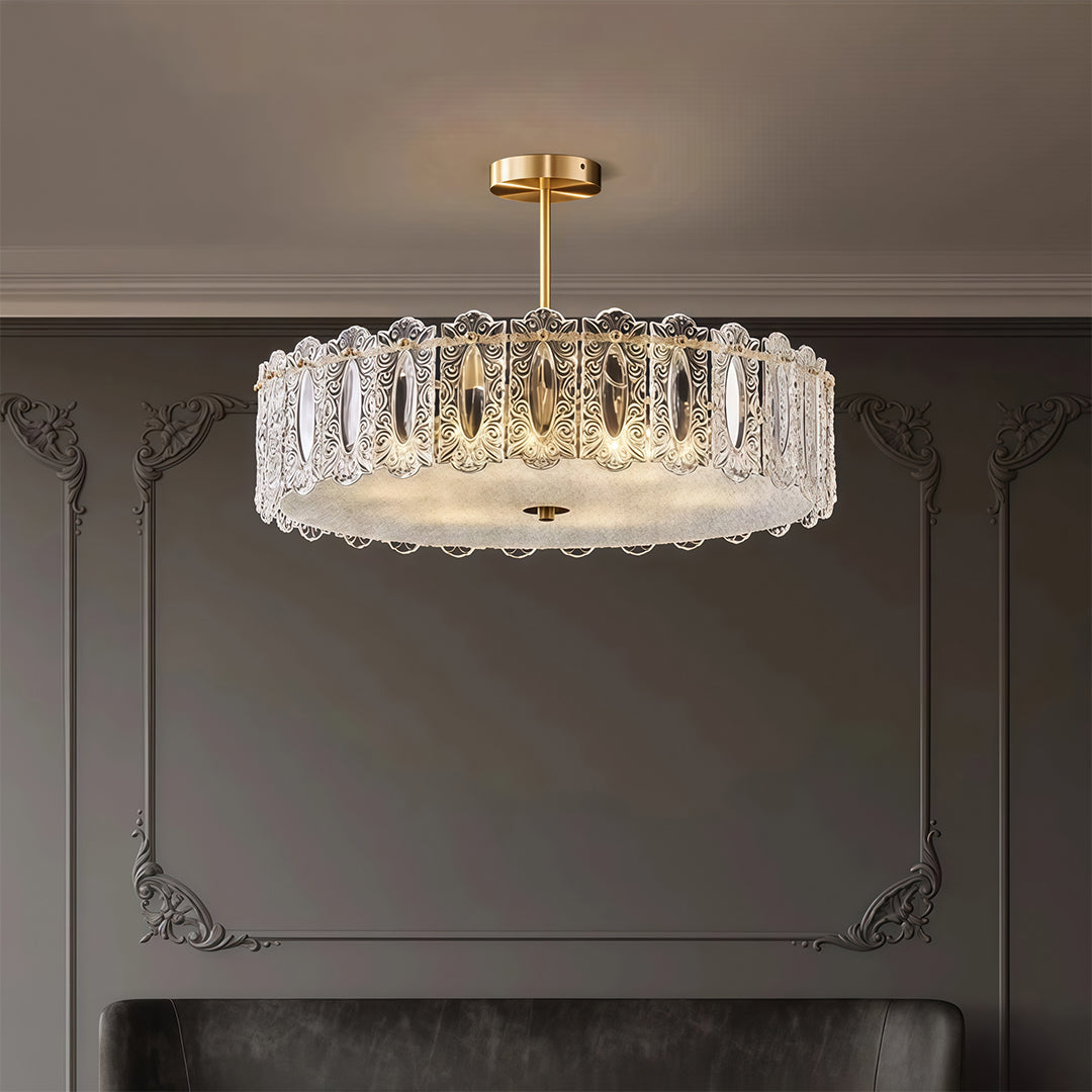 Glass semi flush mount lighting creating ambient glow in minimalist grey hallway with console