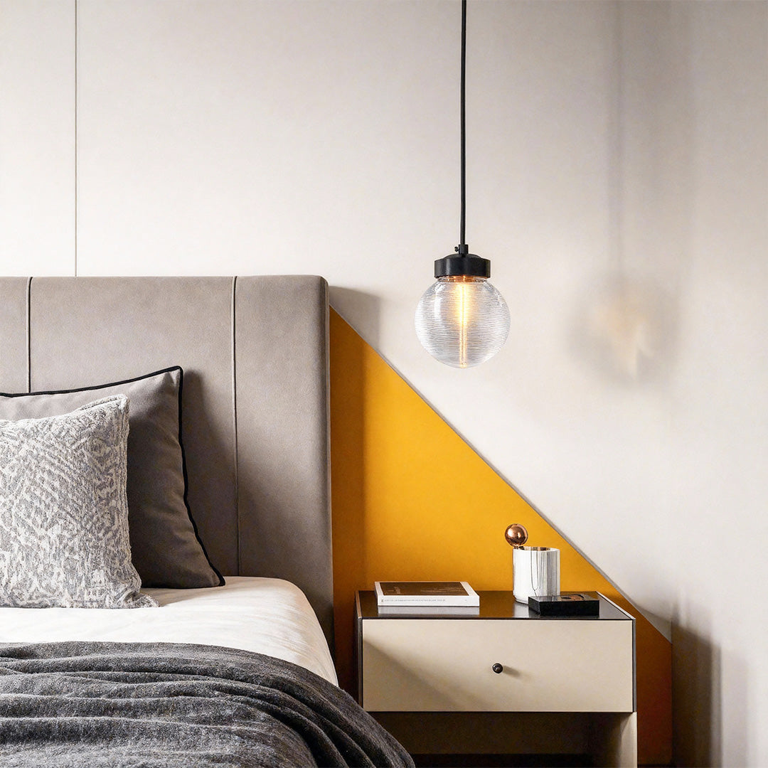 Glass semi flush mount lighting providing elegant illumination in modern bedroom with yellow accent