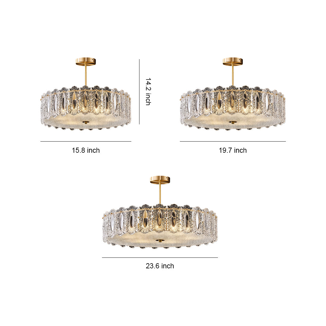 Glass semi flush mount lighting specification diagram showing three size options with dimensions