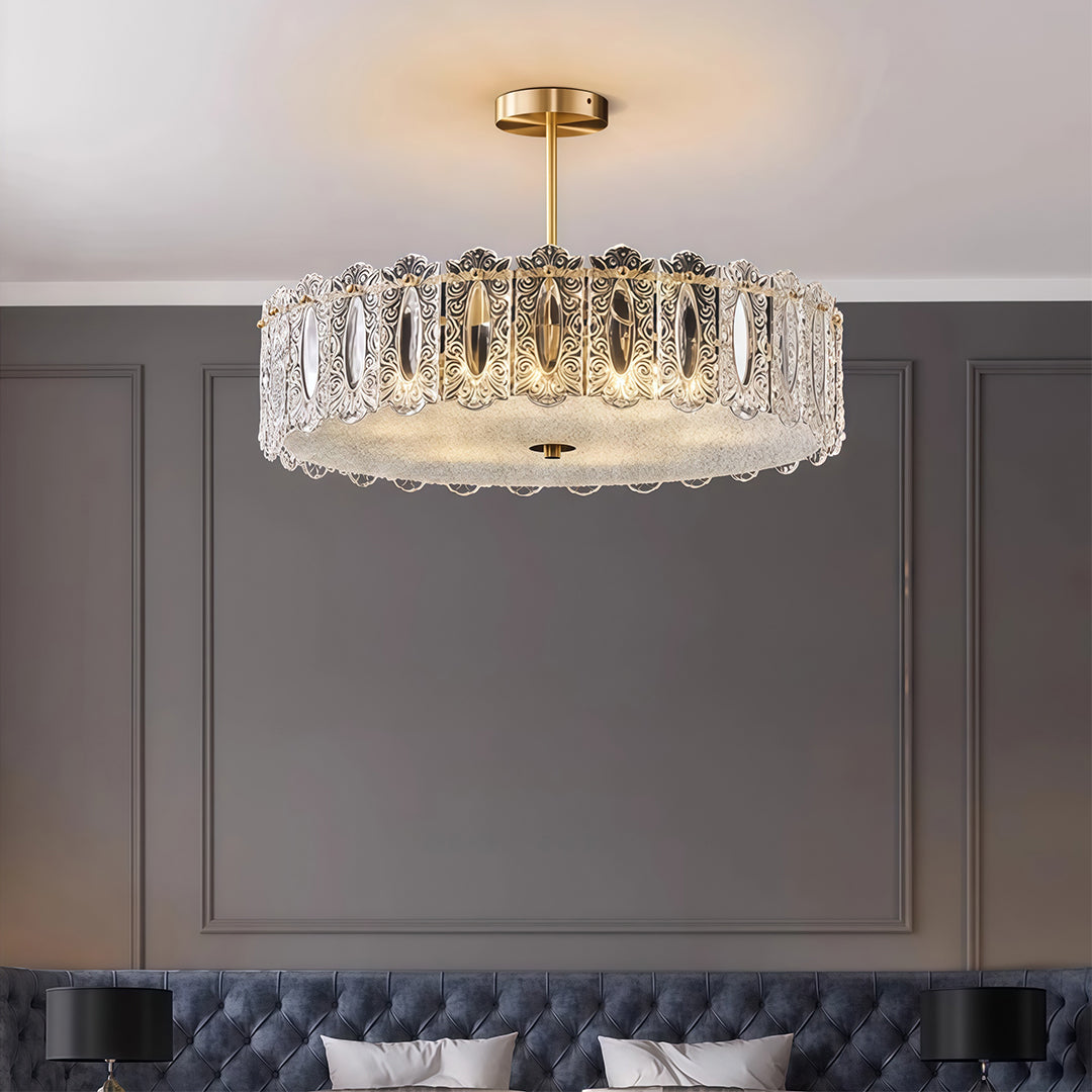 Glass semi flush mount lighting enhancing sophisticated interior with dark tufted headboard