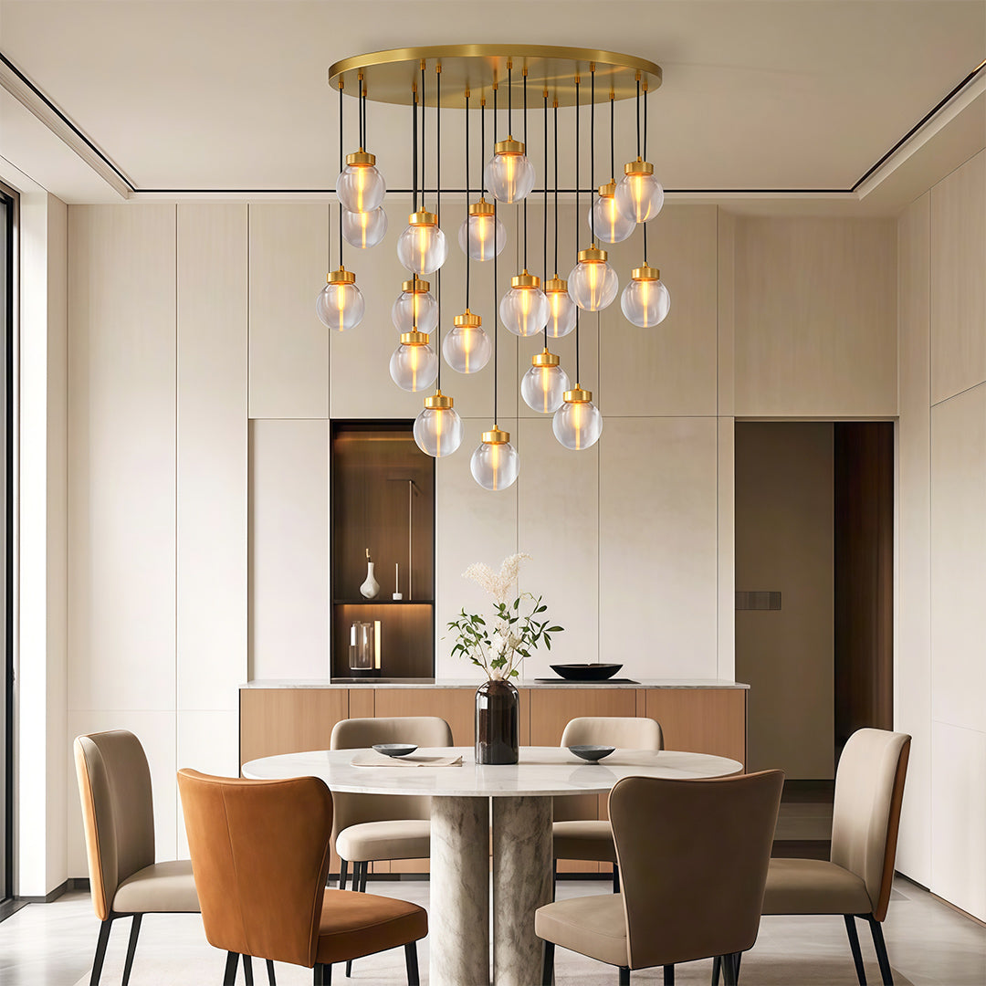 Modern luxury chandeliers inspired glass semi flush mount lighting in sophisticated neutral dining space