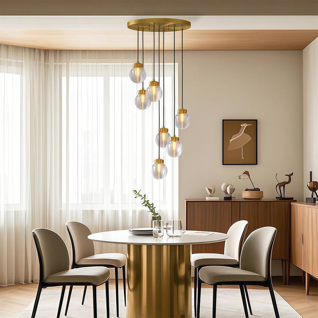 Glass semi flush mount lighting creating warm ambiance in dining room with round wooden table