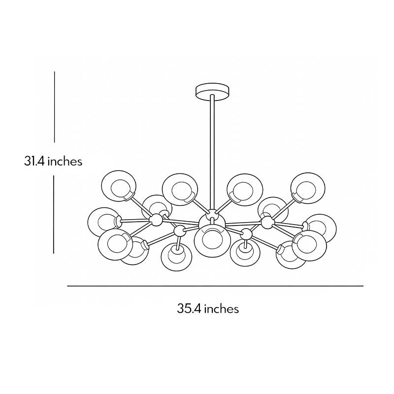 Technical dimension drawing illustrating installation size of a modern glass sputnik light.