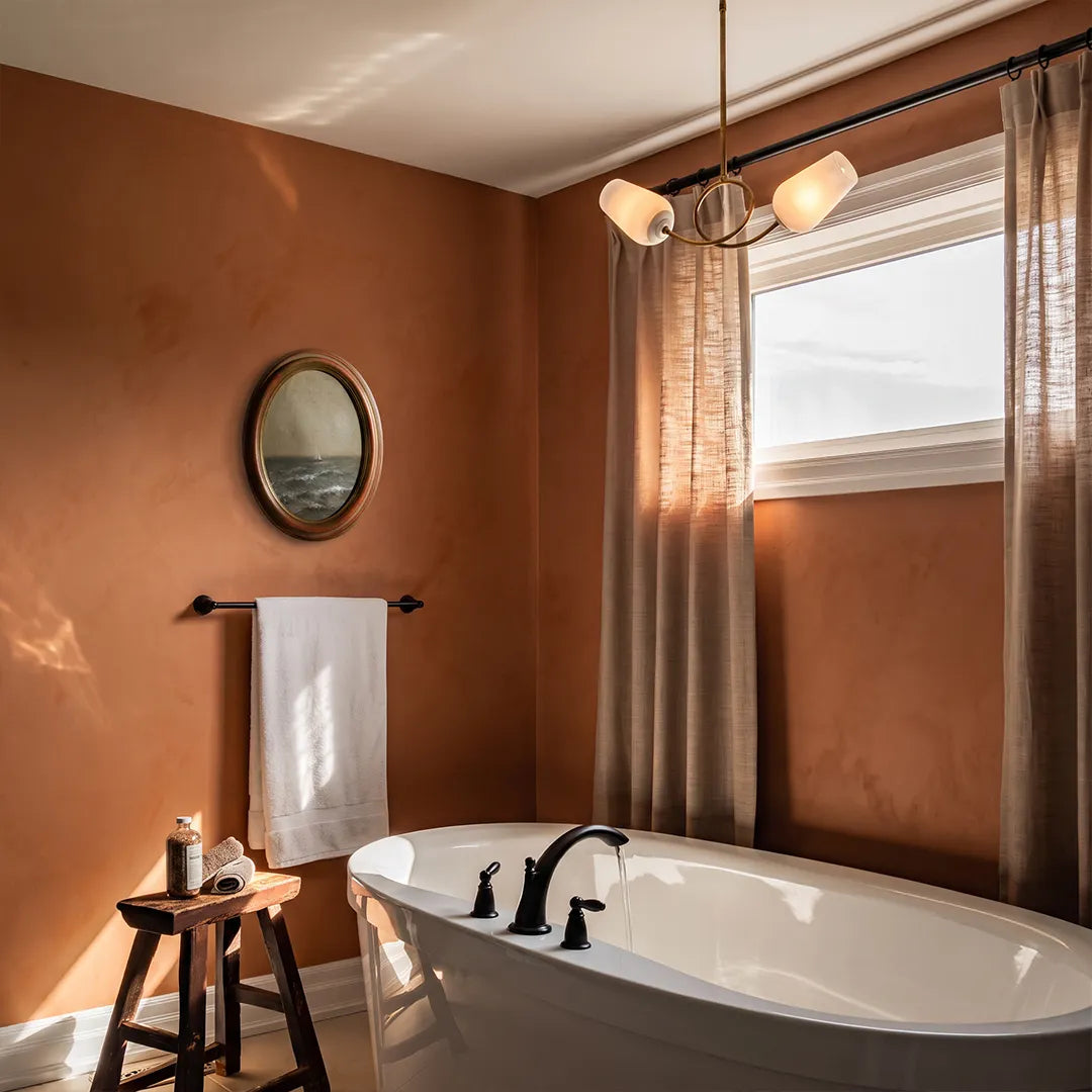 Glass vintage chandelier hanging above a freestanding bathtub in a warm vintage-style bathroom.