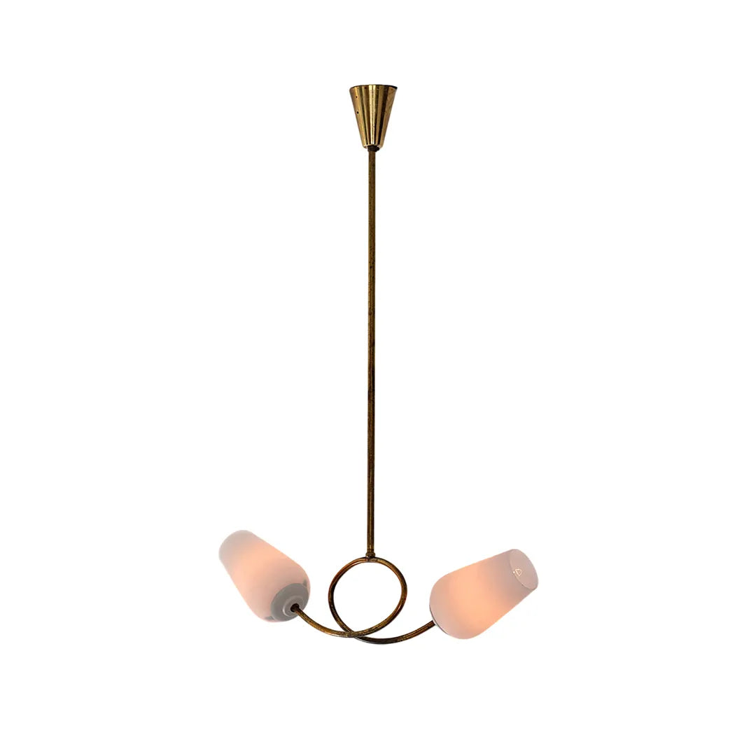 Glass vintage chandelier full product image showing two pink glass shades and a circular brass detail.