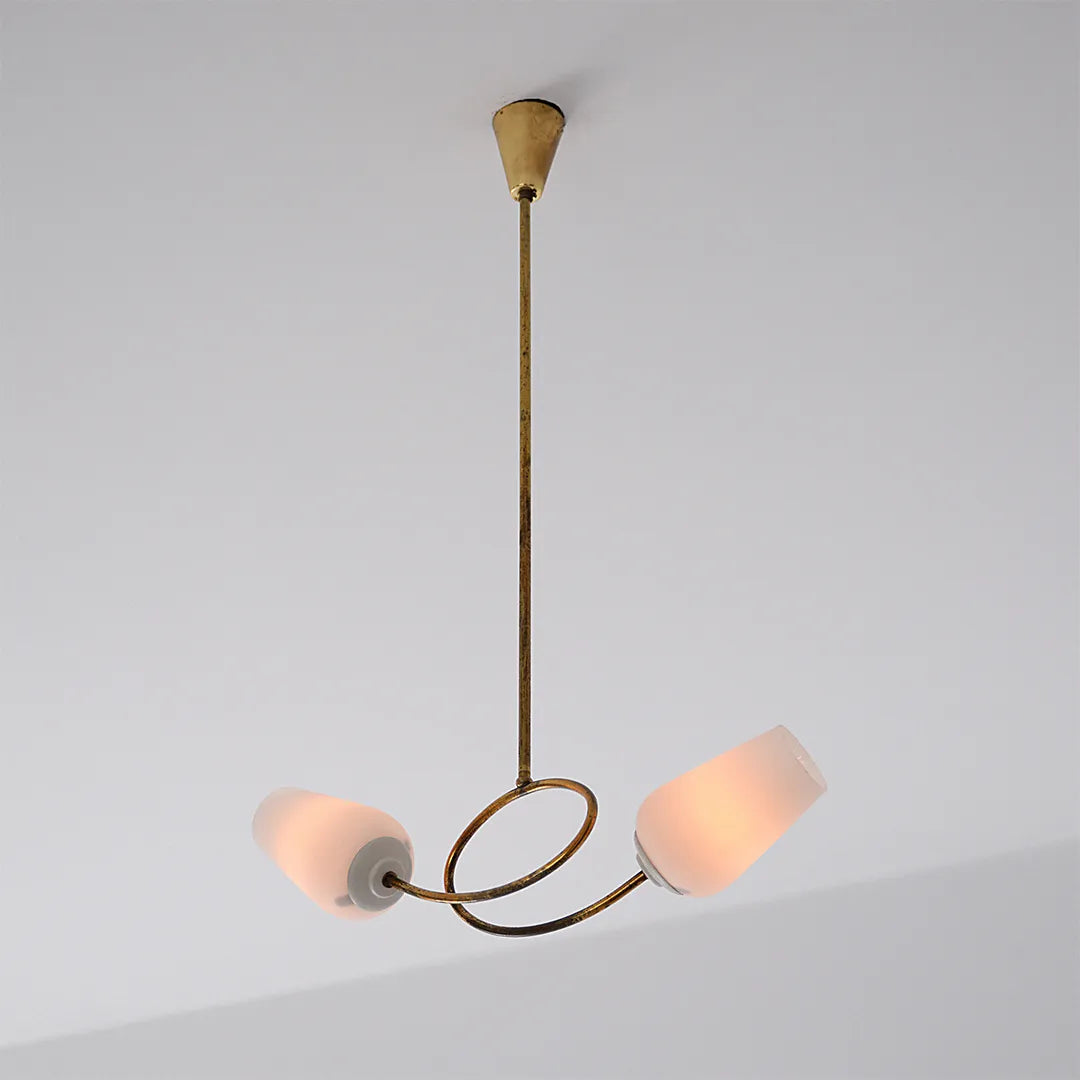 Glass vintage chandelier product image showing two pink glass shades and a sculptural ring frame.