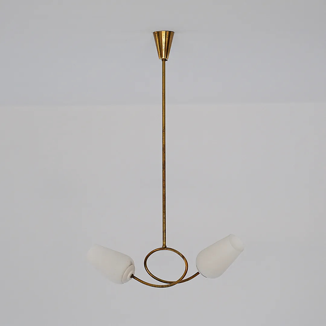 Glass vintage chandelier product image showing two white glass shades and a brass hanging frame.