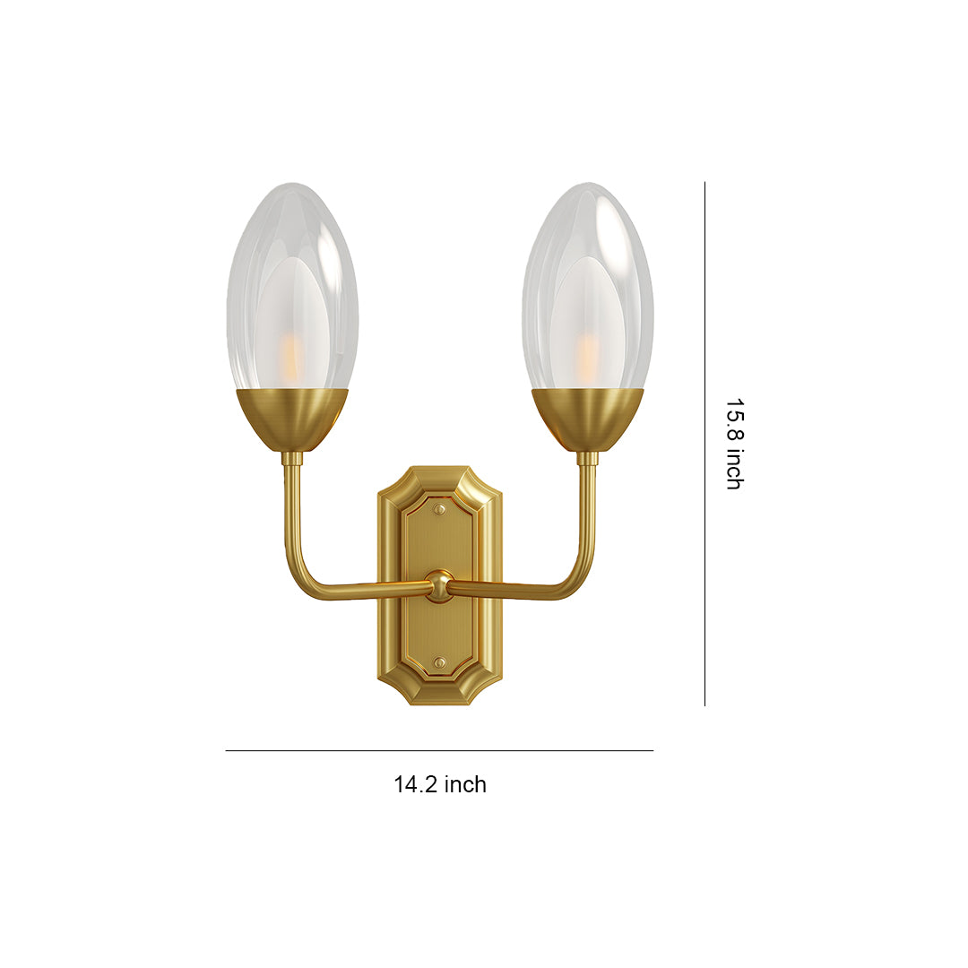 Glass wall light with glass shade chandelier inspired design featuring two candelabra-style bulbs in brushed brass finish with dimensions shown.