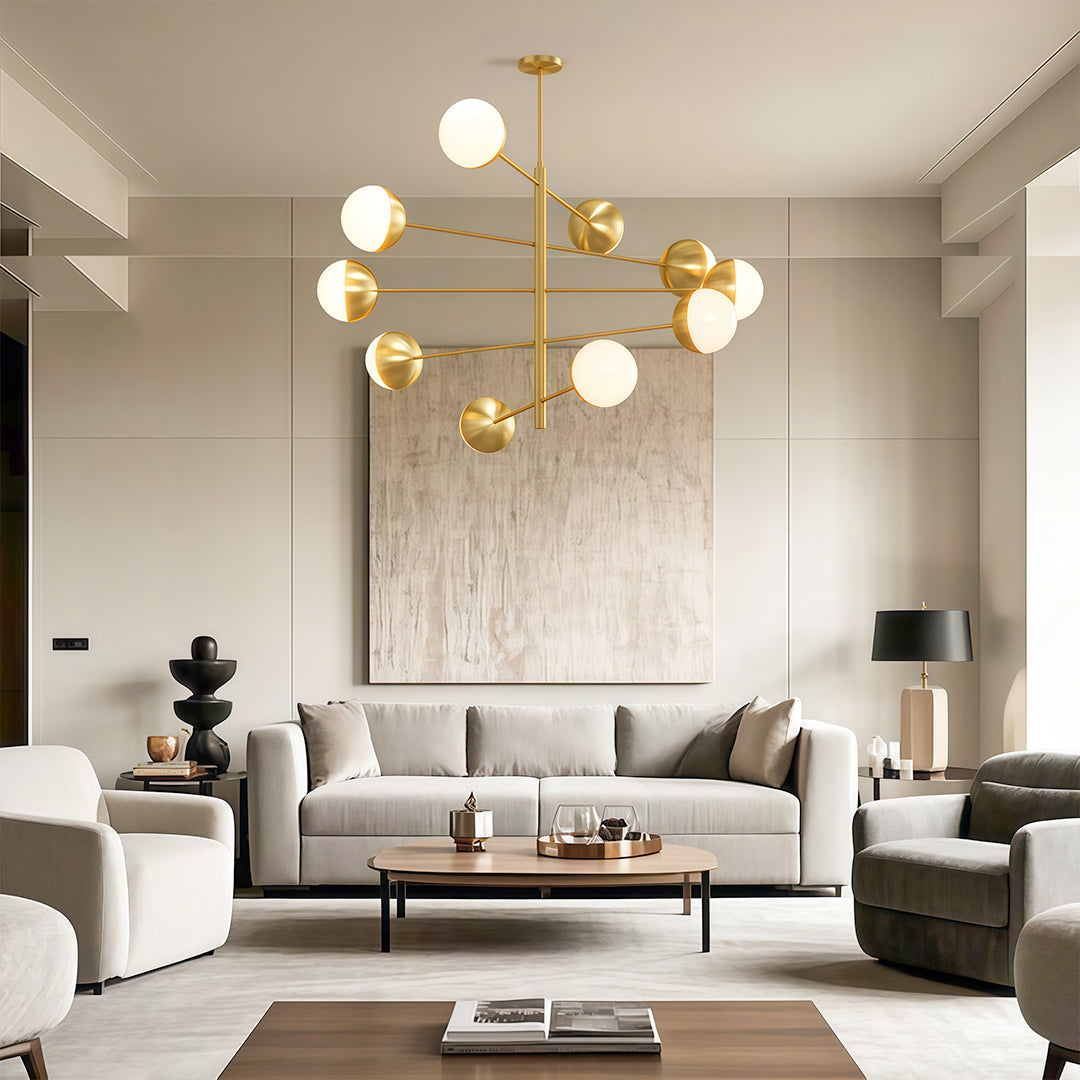 Modern luxury chandeliers creating focal point in minimalist living space with neutral tones