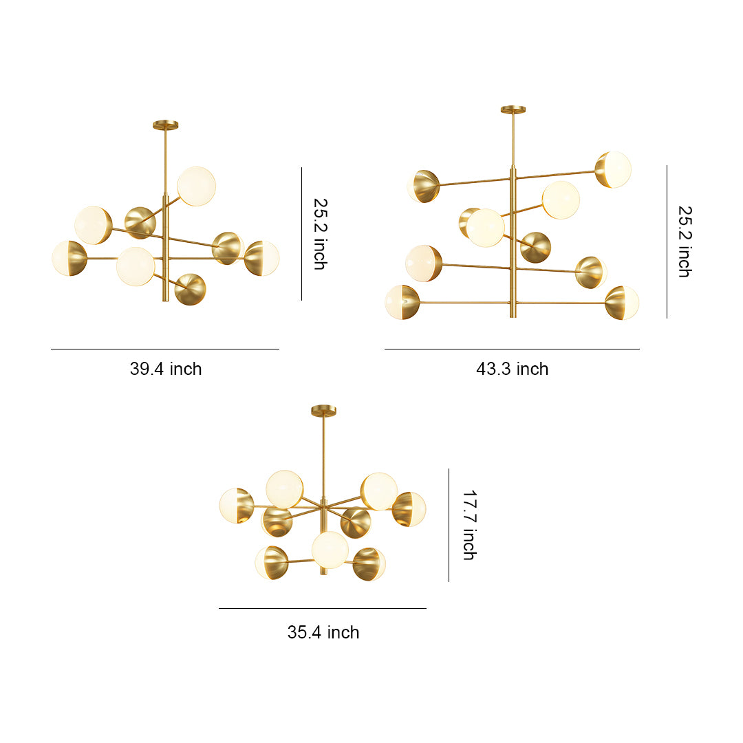 Globe light chandelier specification diagram showing multiple size and configuration options