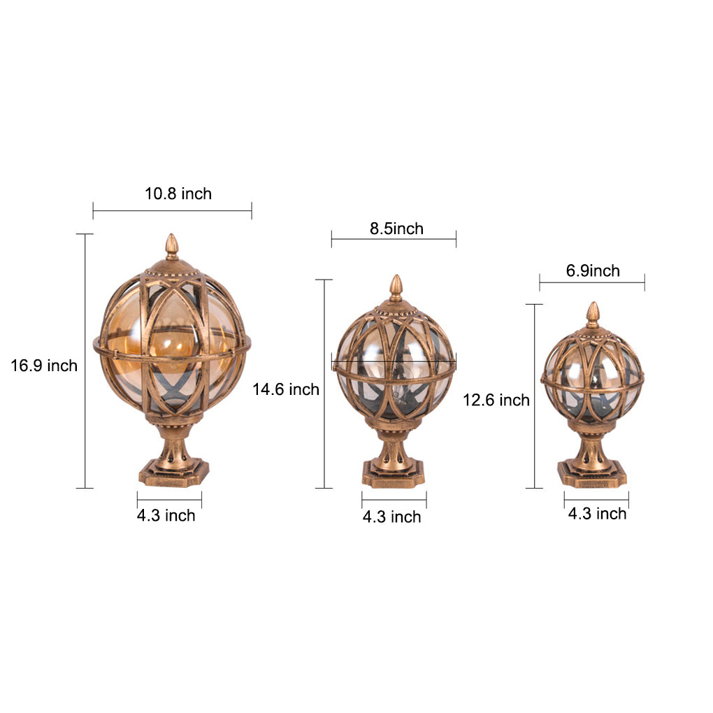 Globe pillar lights with detailed dimensions, showcasing three sizes and designs.