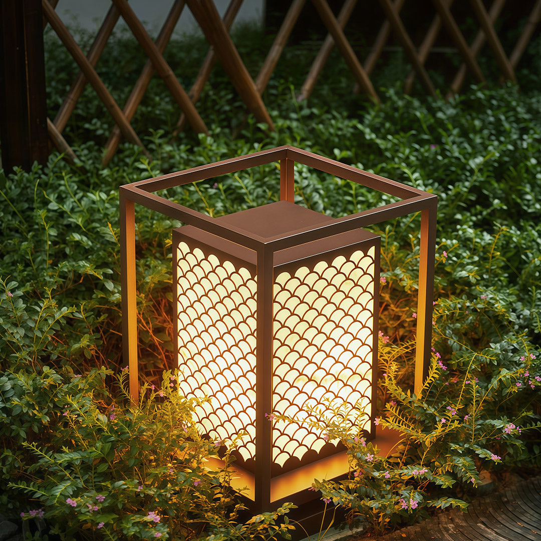 Close-up of bollard lighting with a glowing design, providing a modern aesthetic for outdoor areas.