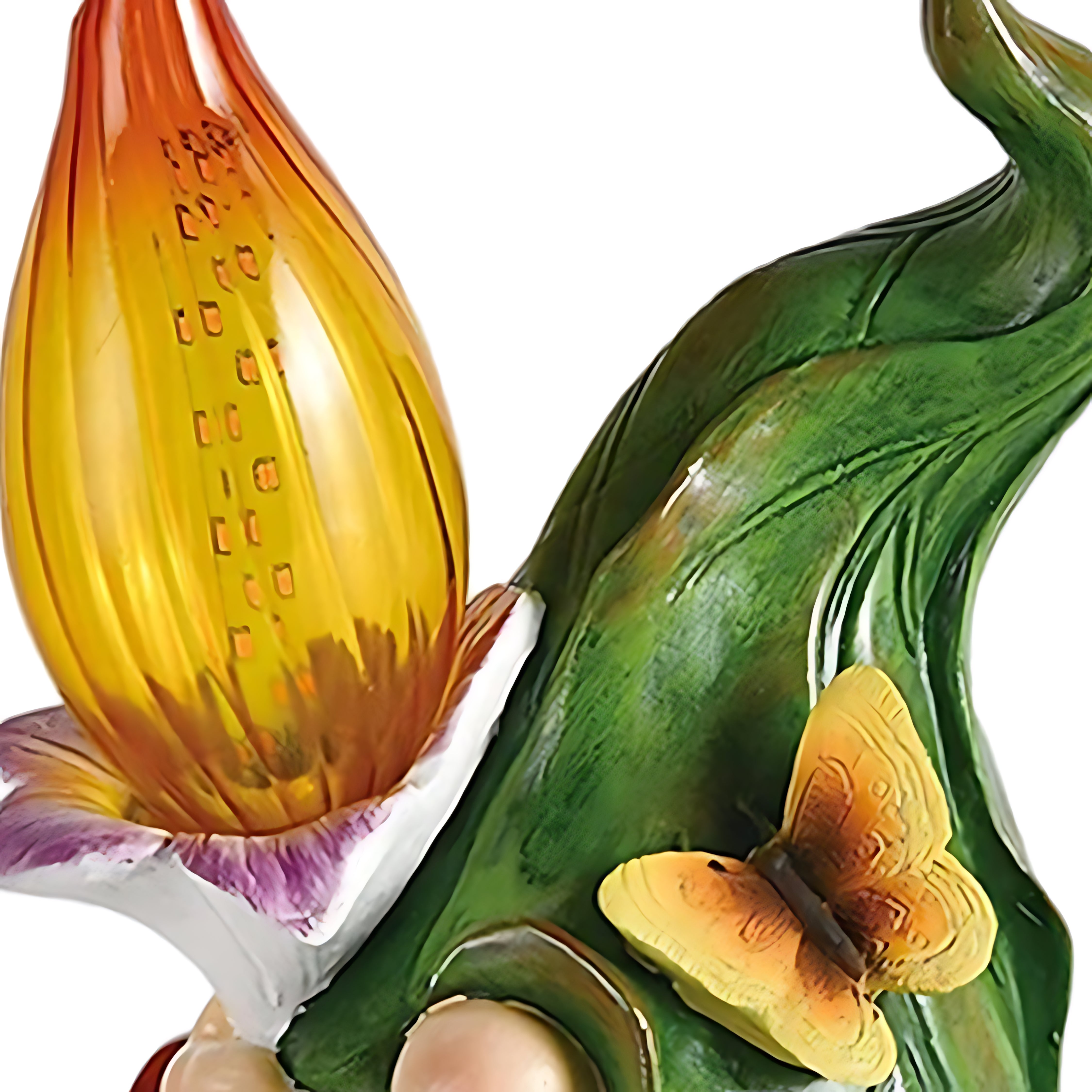 Close-up detail of gnome's illuminated flame hat showing realistic texture and warm glow