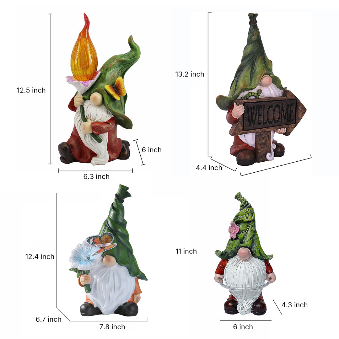 Technical dimension drawing showing four different gnome garden light models with measurements