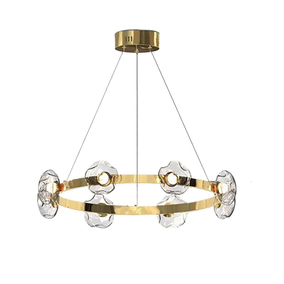 Luxurious 6 light pendant with gold accents featuring transparent glass globes in refined ring configuration