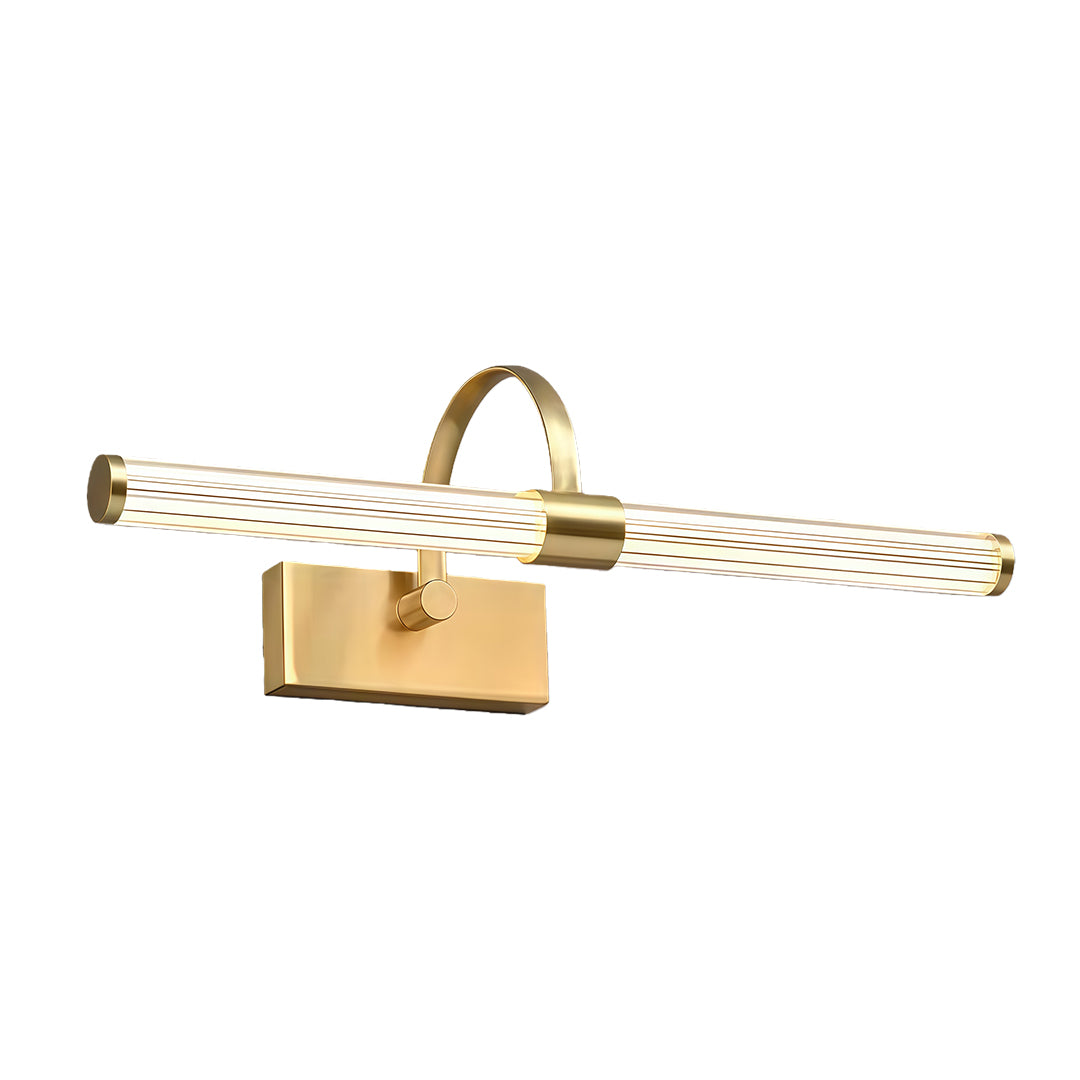 Gold bathroom vanity wall light with rectangular backplate, curved arm, and linear LED strip on white background.