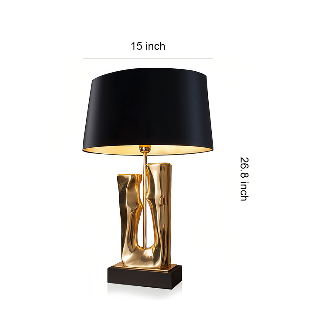 Gold and black table lamp with twisted metal base and technical dimensions display