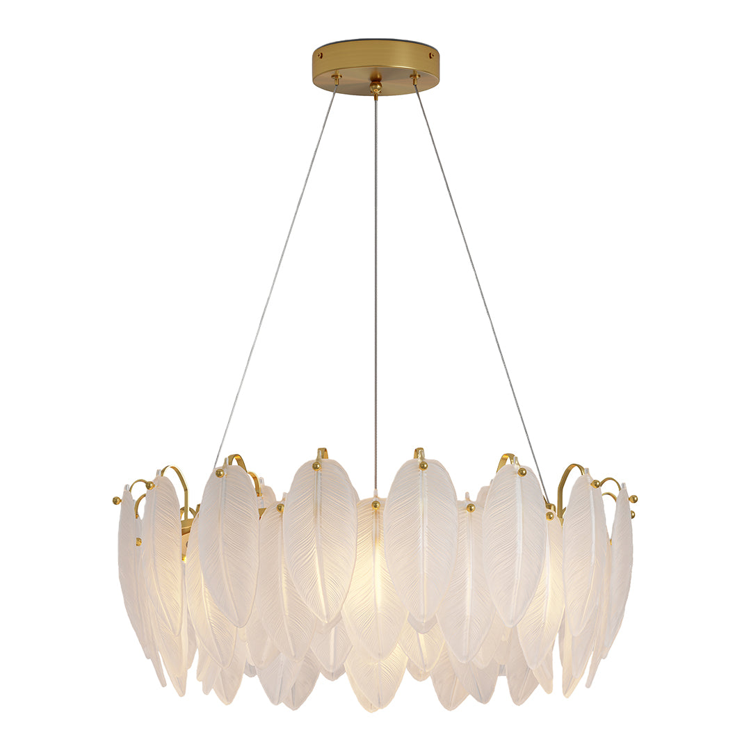 Feather chandeliers featuring gold brass finish with layered frosted glass petals