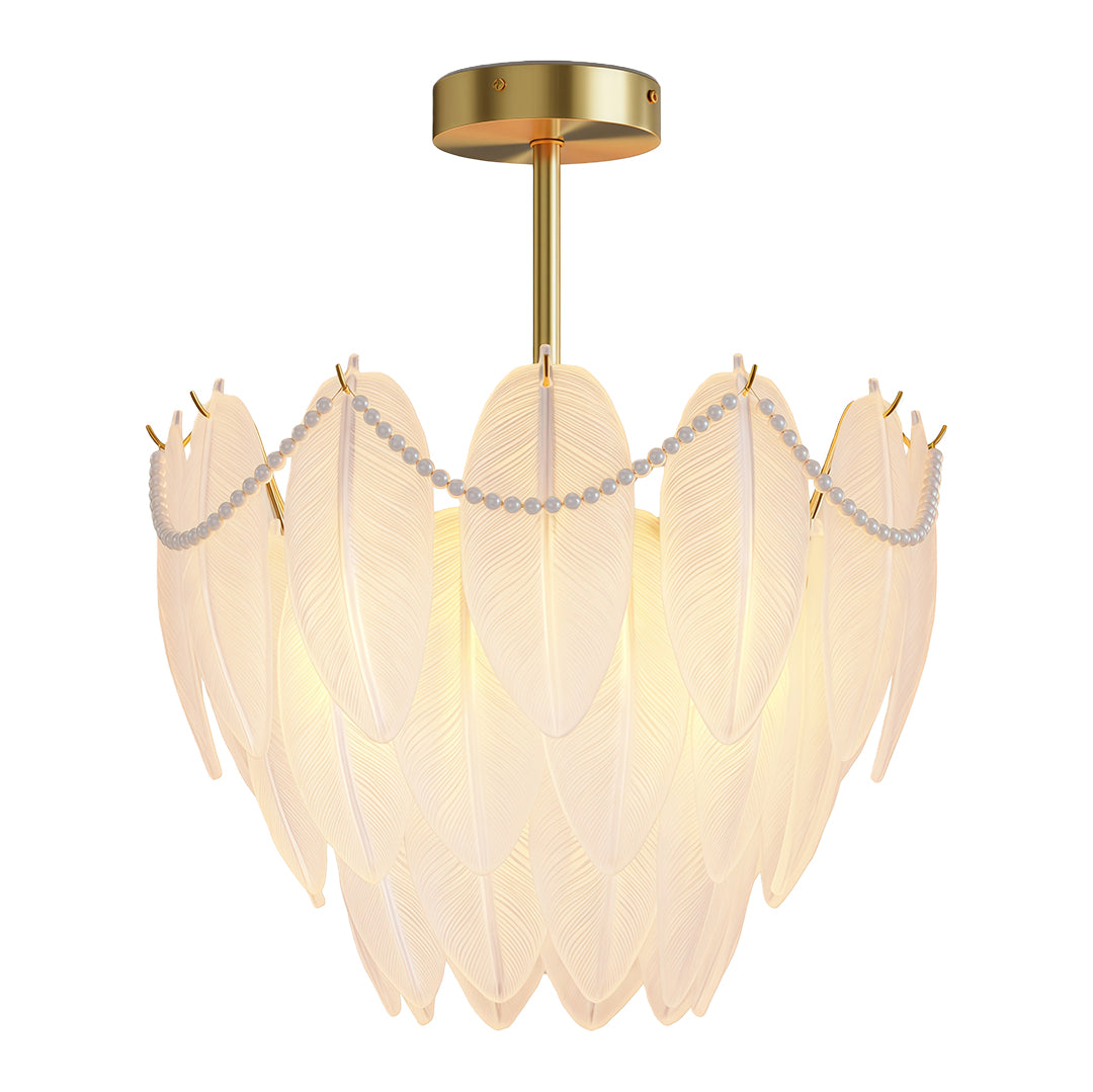 Feathers chandelier featuring gold brass frame with warm-toned translucent glass elements