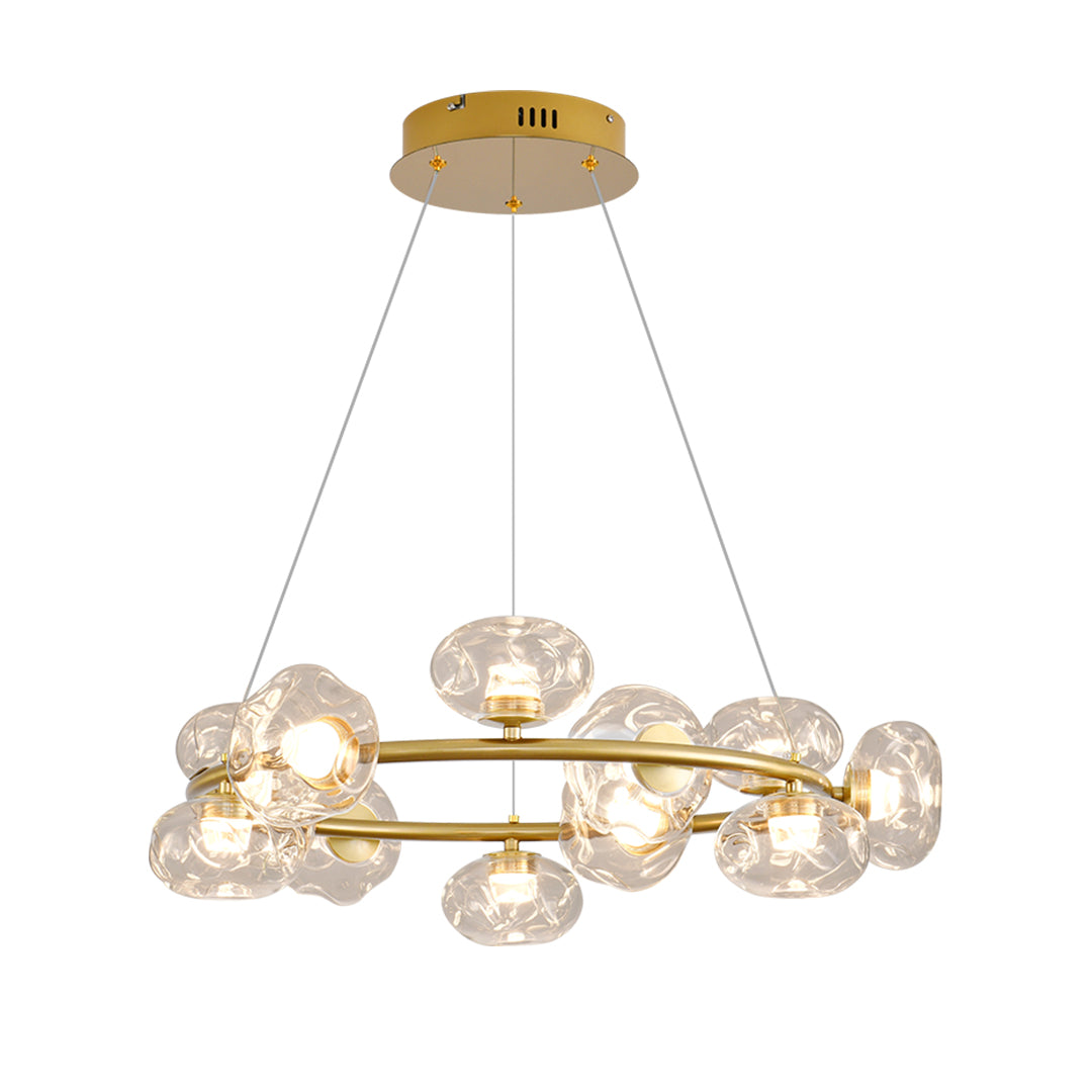 Gold bubbles chandelier featuring warm brass finish with circular glass globe arrangement