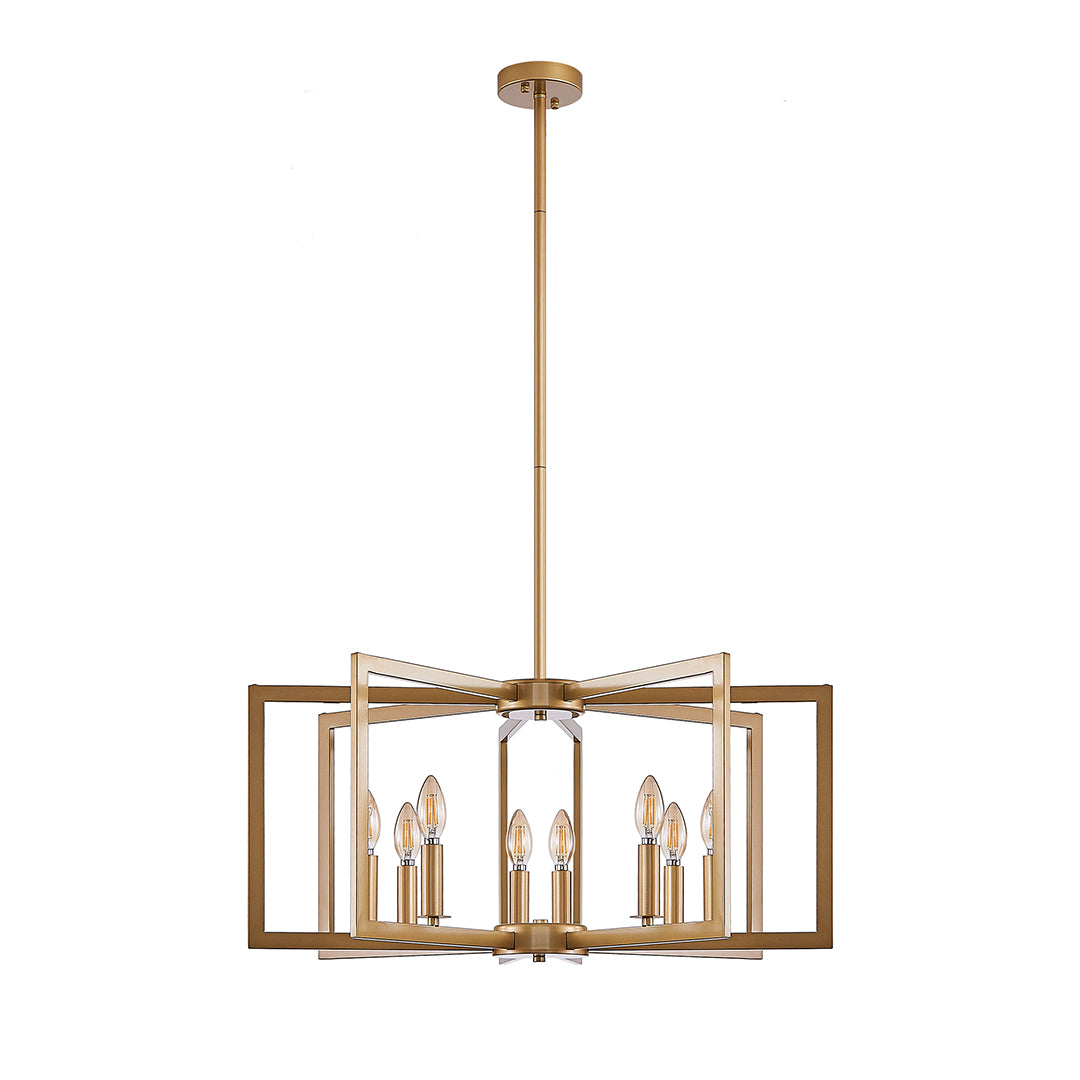 Close-up of golden candle chandelier arms with bulb sockets and refined metallic texture.