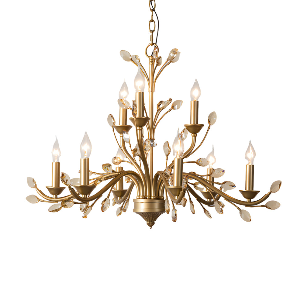 Gold candlestick chandelier with a classic design, illuminating a sophisticated living area.
