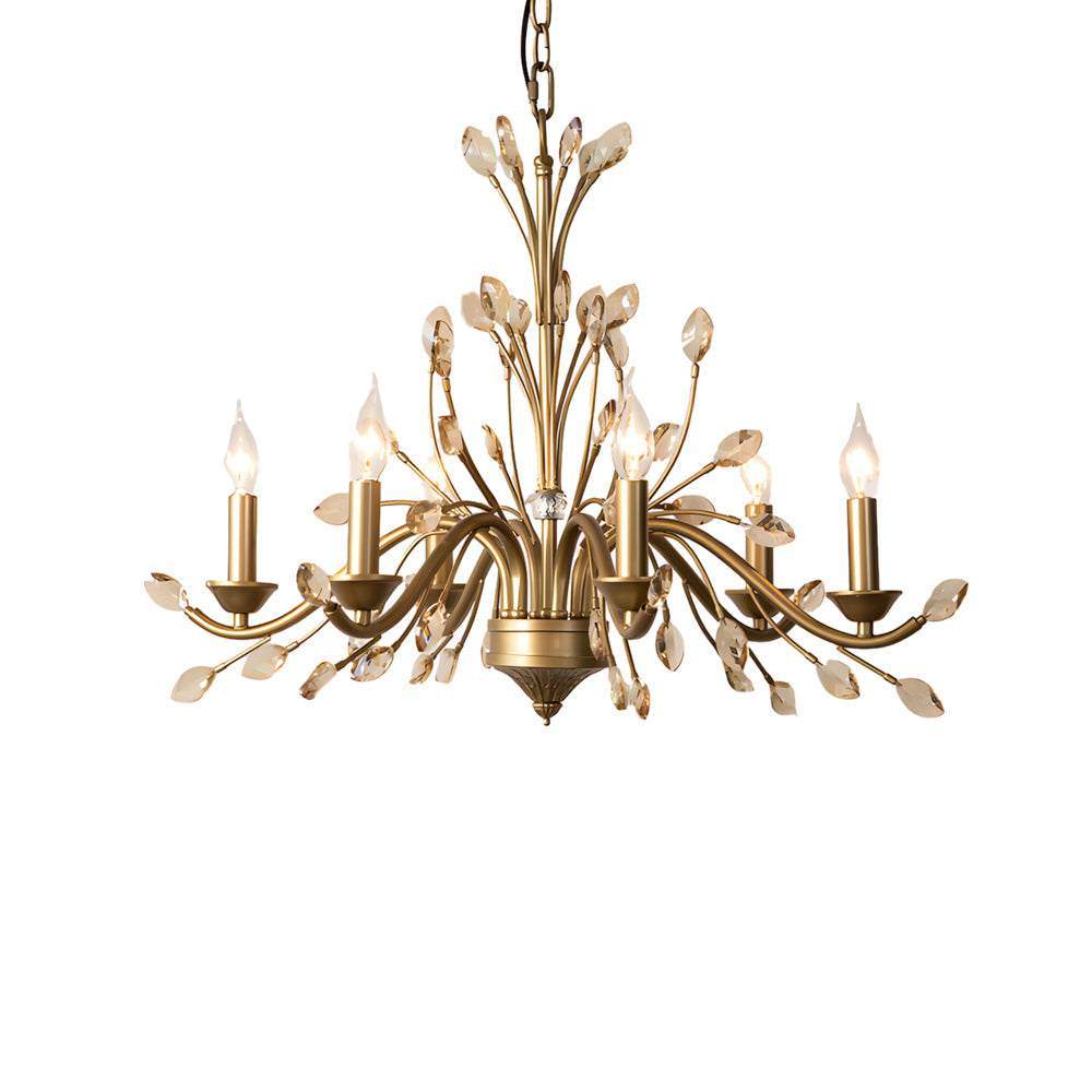 Gold candlestick chandelier with a close-up of its candle-style bulbs and gold leaves.