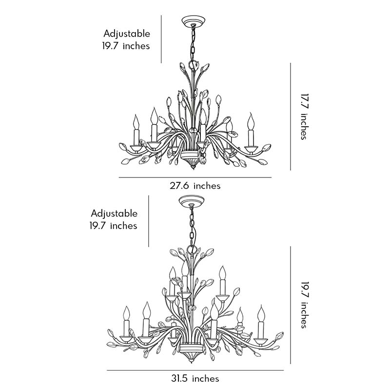 Technical diagram showing dimensions and structure of gold candlestick chandelier models.