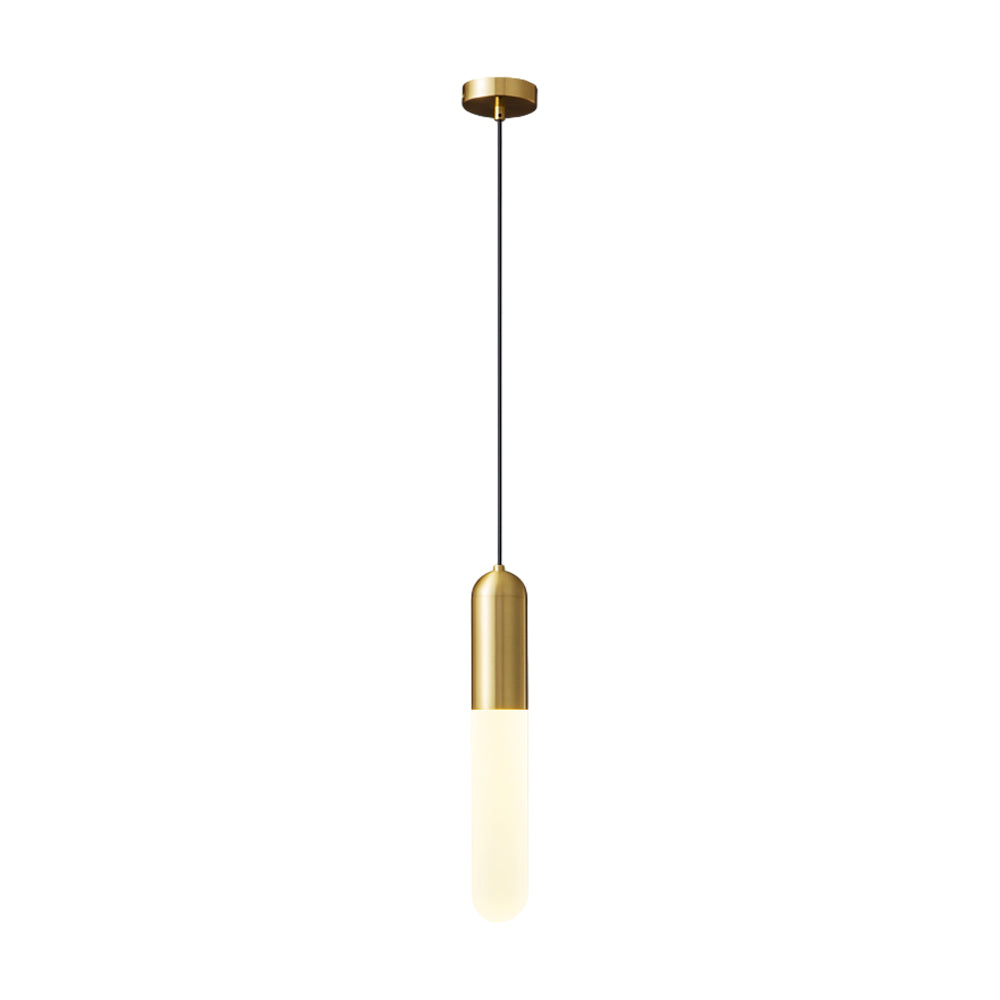 Elegant Gold Capsule Pendant Light with a brushed gold finish and frosted tube cutout image.