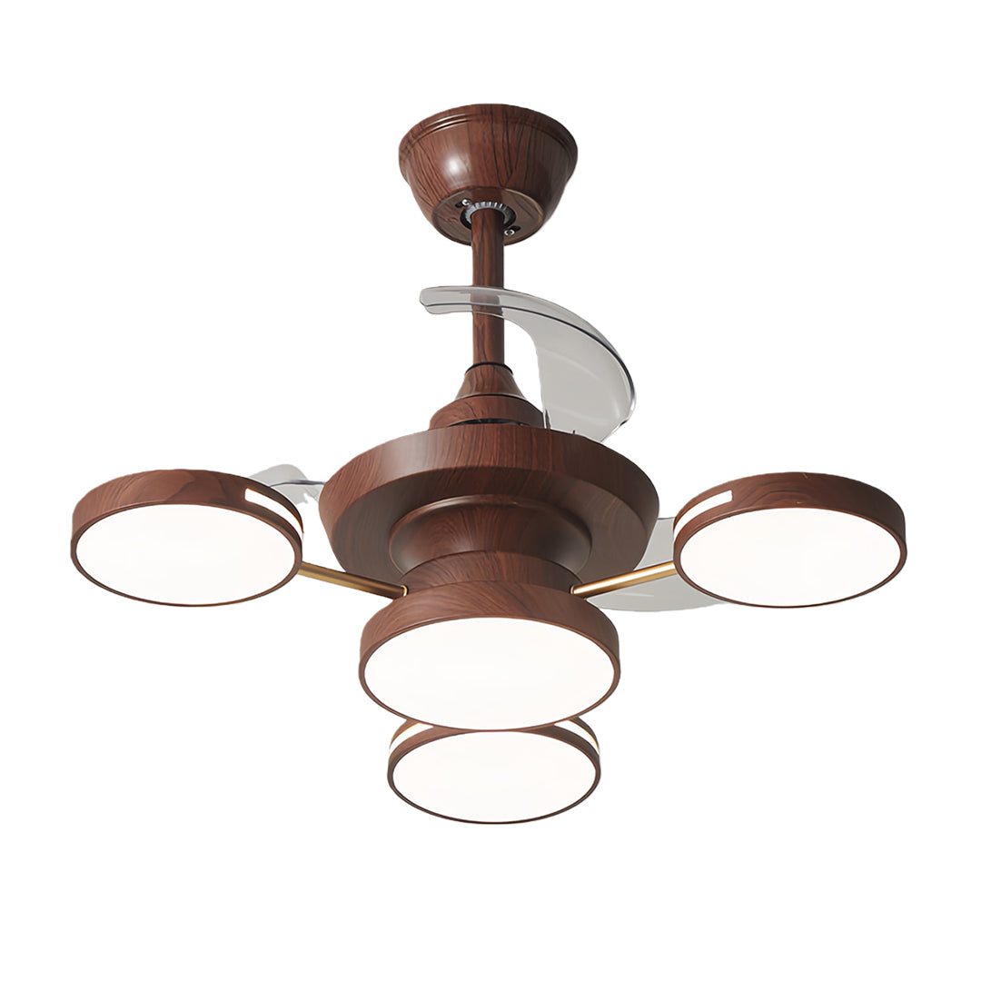 Ceiling fans with four lights in gold finish, installed in a stylish living area with wooden accents