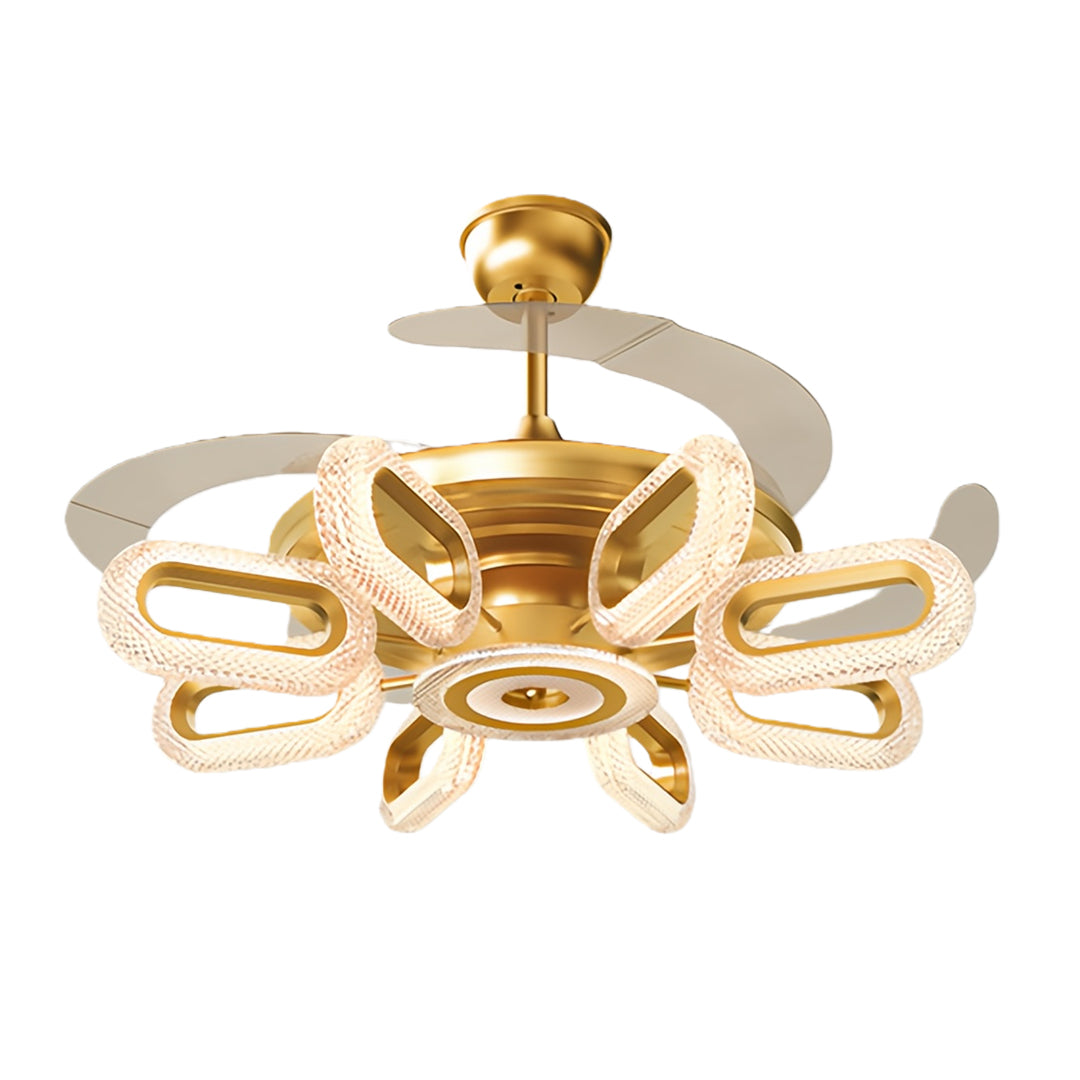 Gold ceiling fans with lights installed in a contemporary living room, adding a touch of opulence