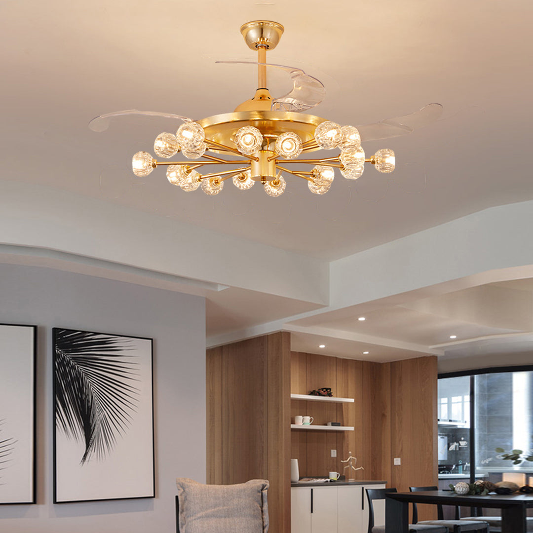 Gold ceiling fan with multiple lights creating ambient lighting in modern interior with wooden shelving