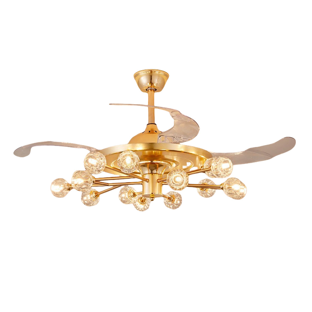 Gold ceiling fan with multiple lights featuring bright LED bulbs and glamorous crystal accents, 27.5 inch width.