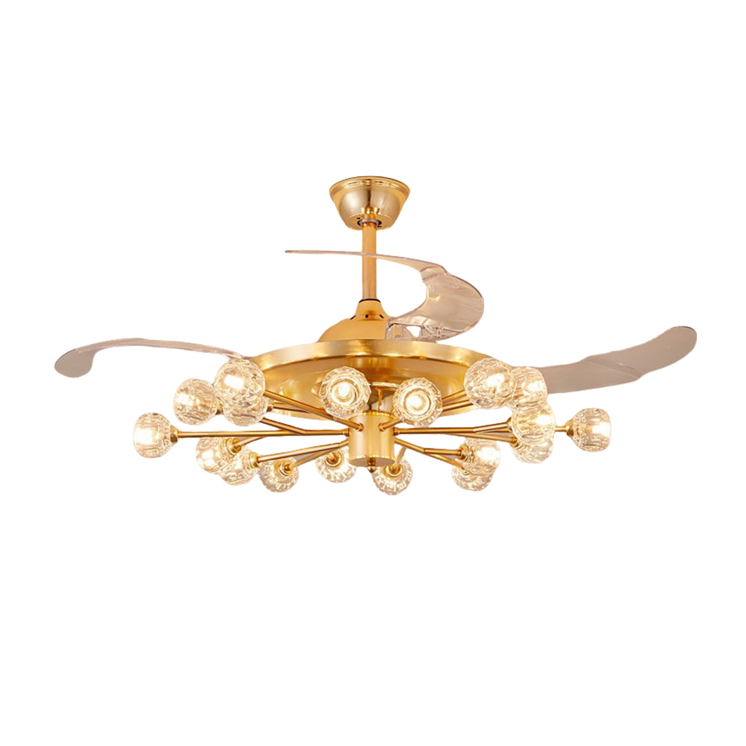 Gold ceiling fan with multiple lights featuring bright LED bulbs and glamorous crystal accents, 33 inch width.