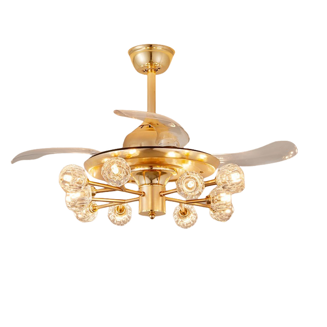 Gold ceiling fan with multiple lights featuring bright LED bulbs and glamorous crystal accents
