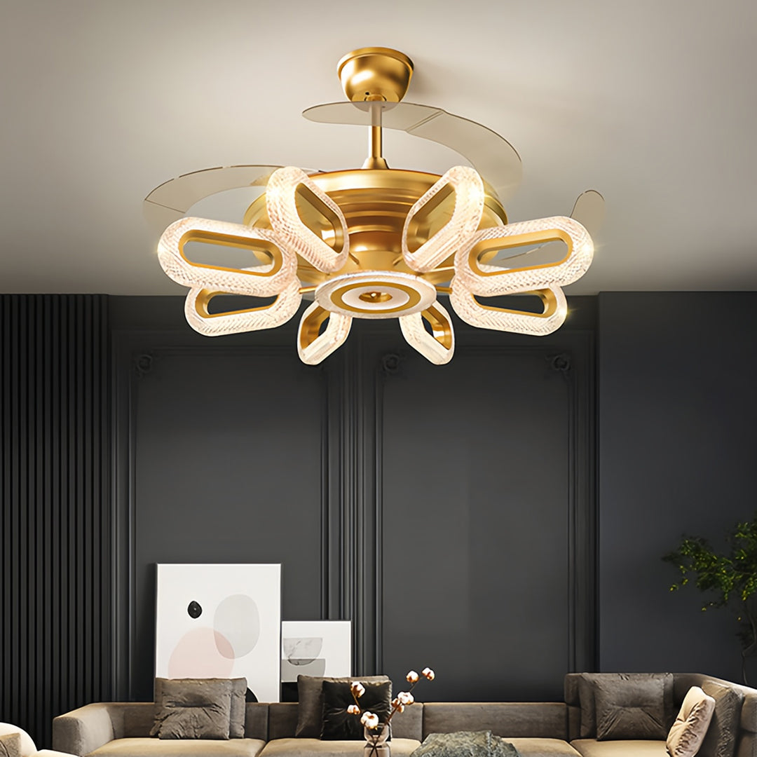Gold ceiling fans with lights, demonstrating different lighting effects from white to warm tones