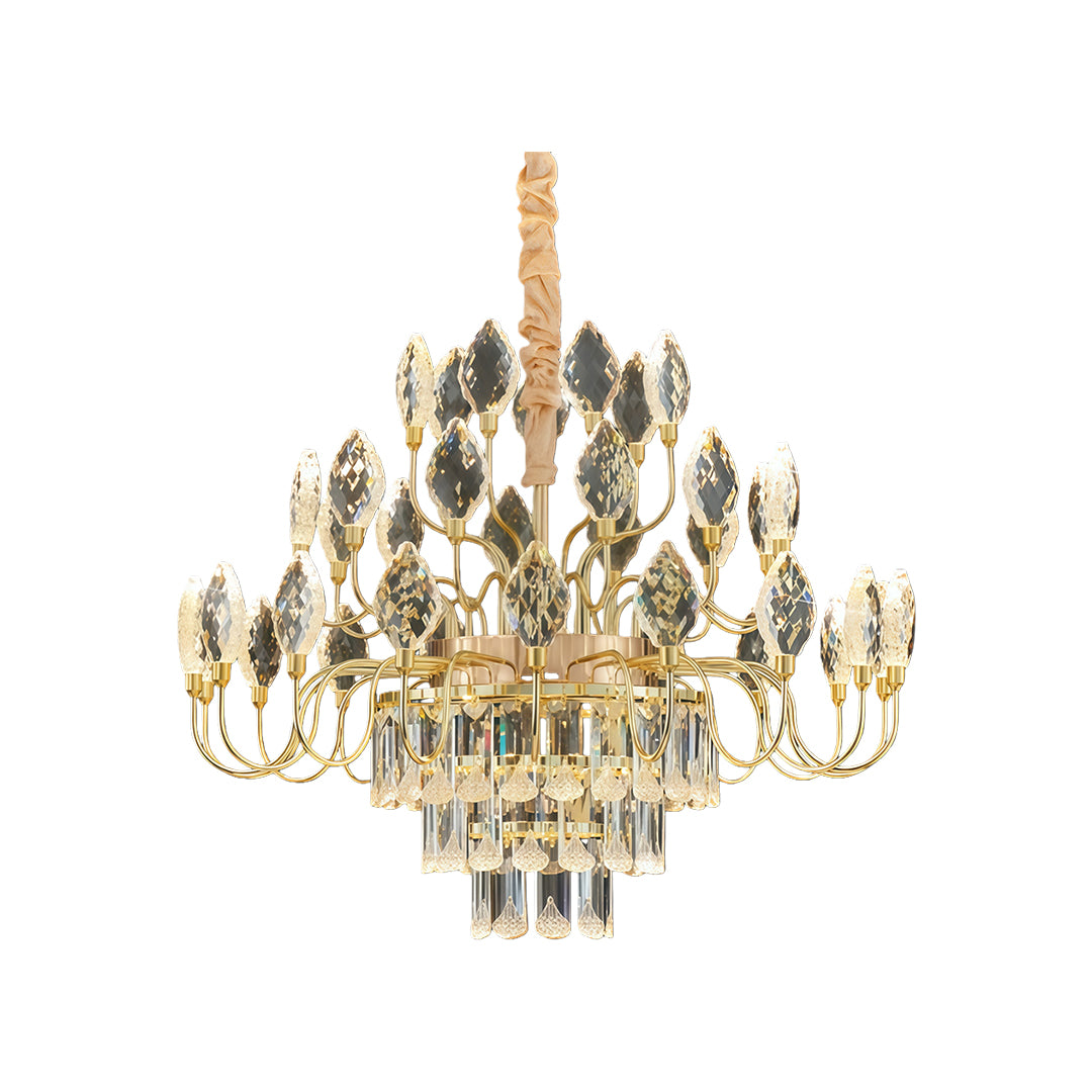 Round gold ceramic crystal led chandelier with elegant curved arms.