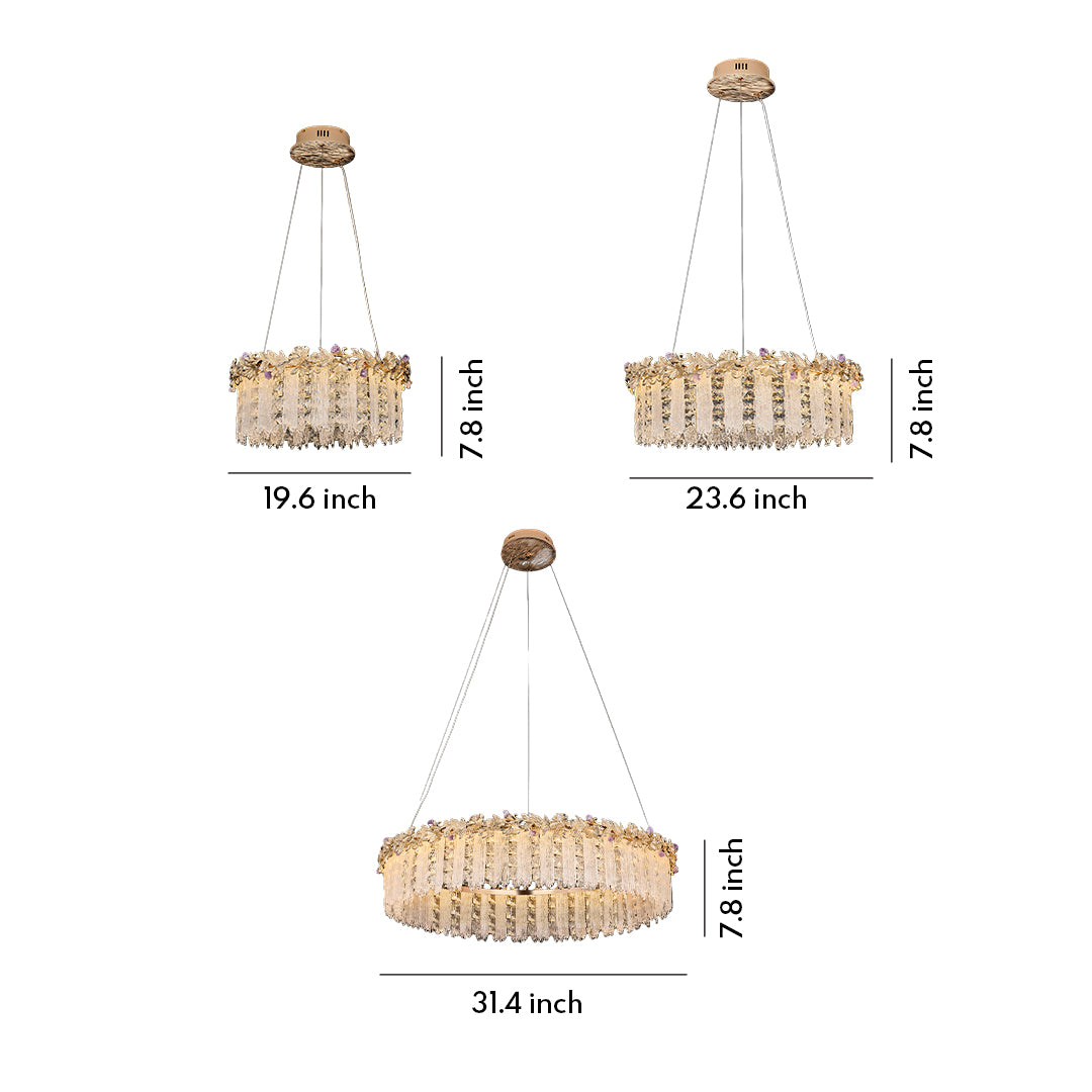 Gold chandelier crystal size chart showing different diameters and hanging lengths.