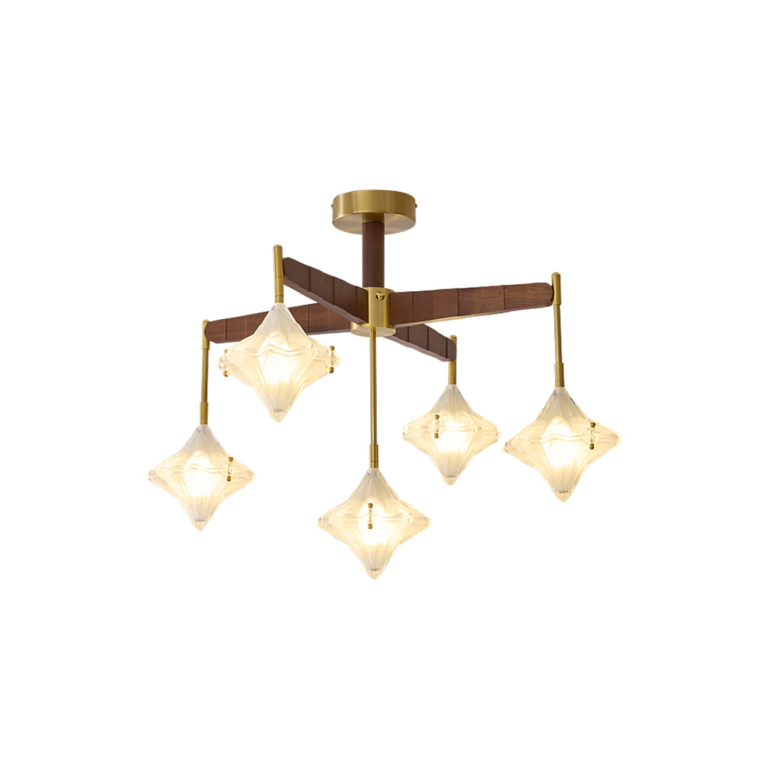 Detailed view of chandelier structure featuring gold metal arms and wooden accent elements.