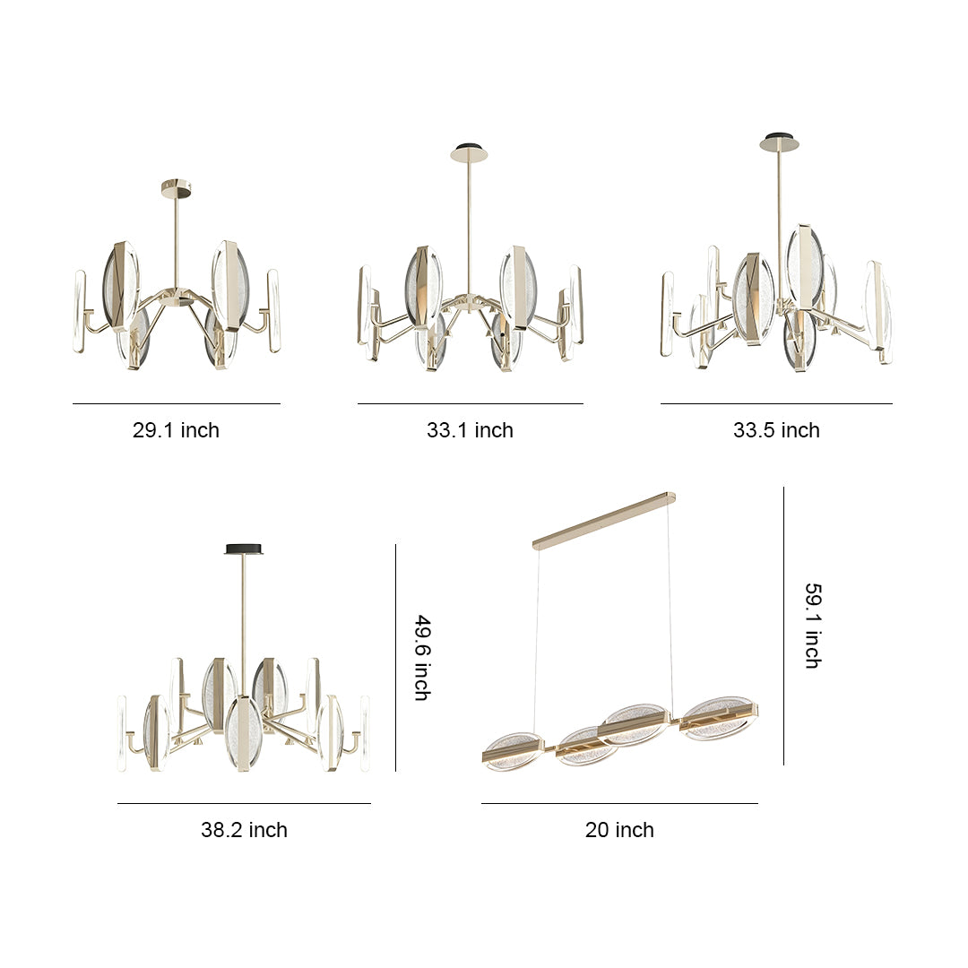 Multiple gold chandelier modern designs showing various circular and linear configurations with crystal glass panels