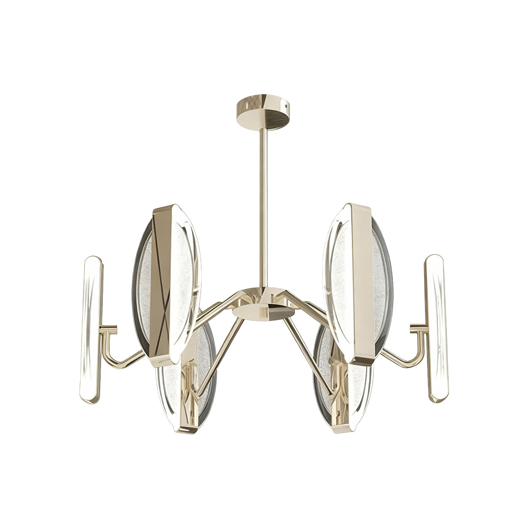 Gold chandelier modern with symmetrical curved arms featuring elongated crystal glass panels in polished brass