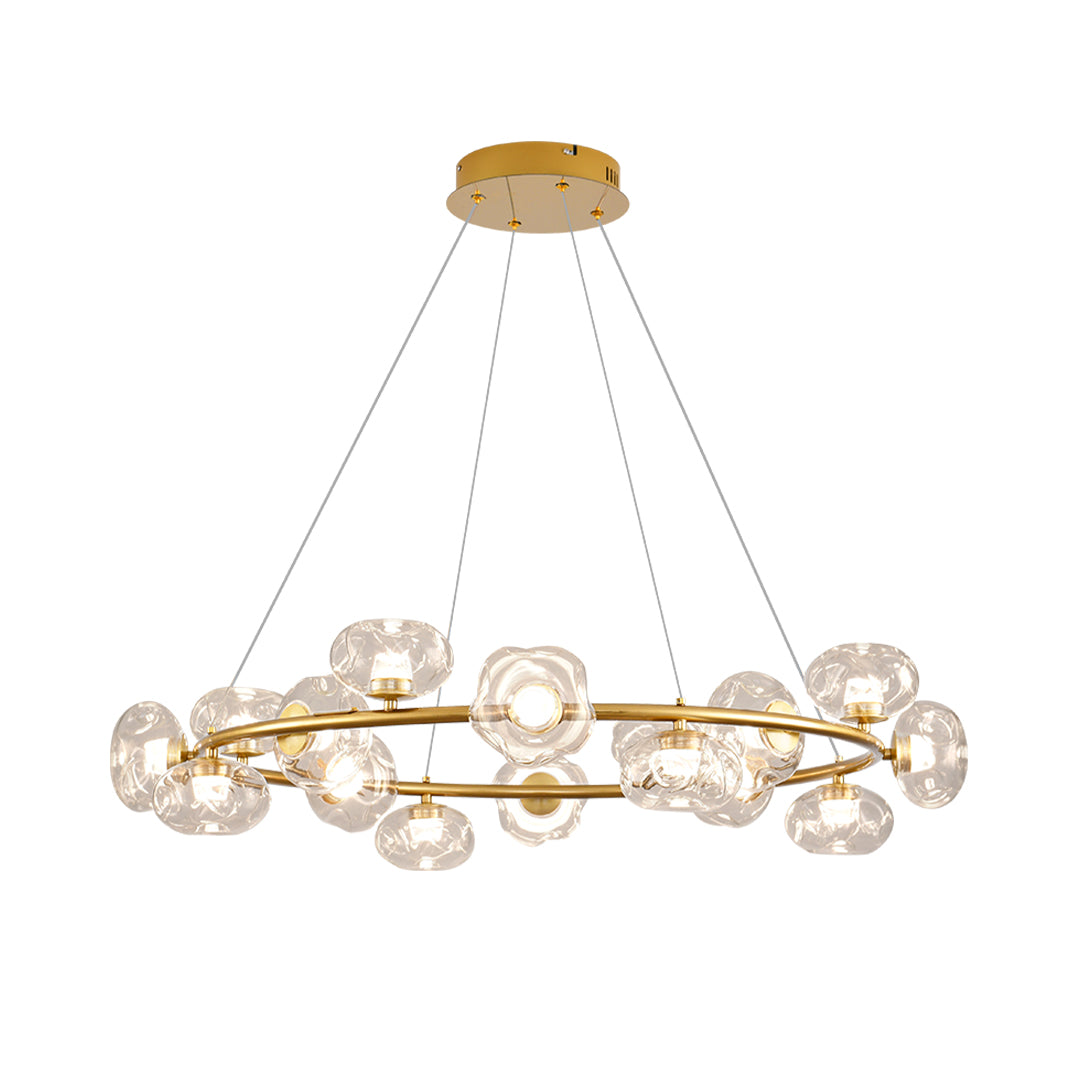 Contemporary gold-toned modern LED pendant lights with sophisticated circular frame and transparent orbs