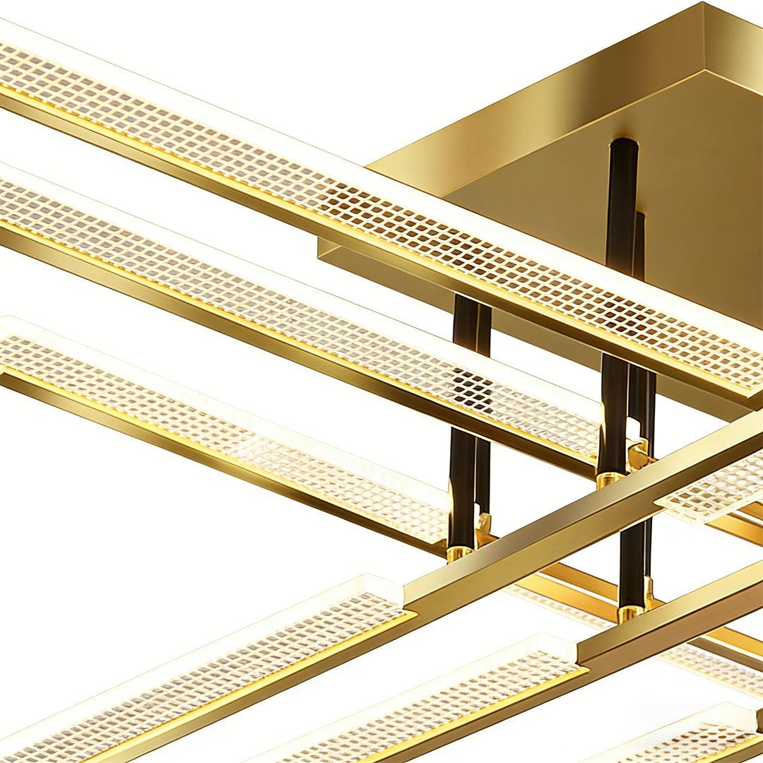 Close-up detail of the LED bars and gold metal frame of a gold cross ceiling light.
