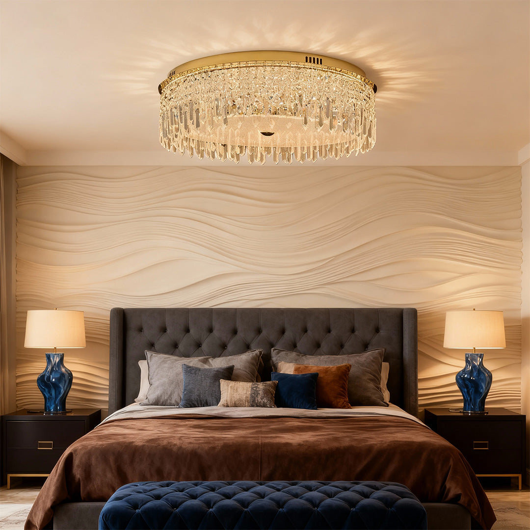 Gold crystal ceiling lights flush mount design and dangling crystal prisms.